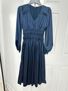 Maje Navy Blue Long-Sleeve Smocked Waist Midi Dress